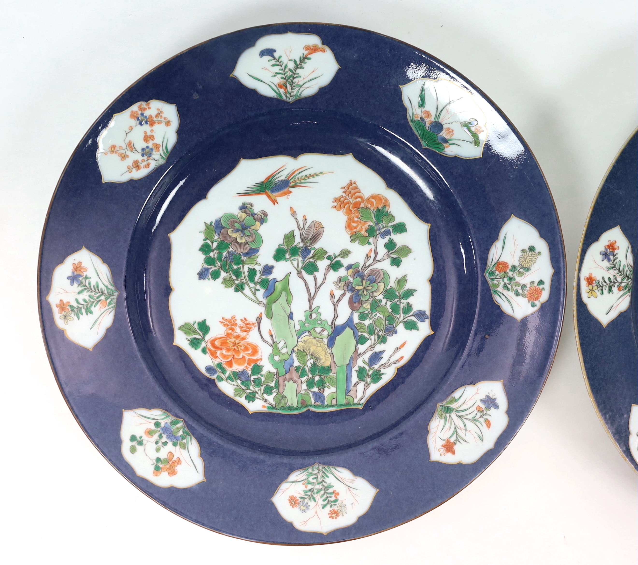 A near pair of Samson famille verte powder blue dishes in Chinese export style, one with some restoration